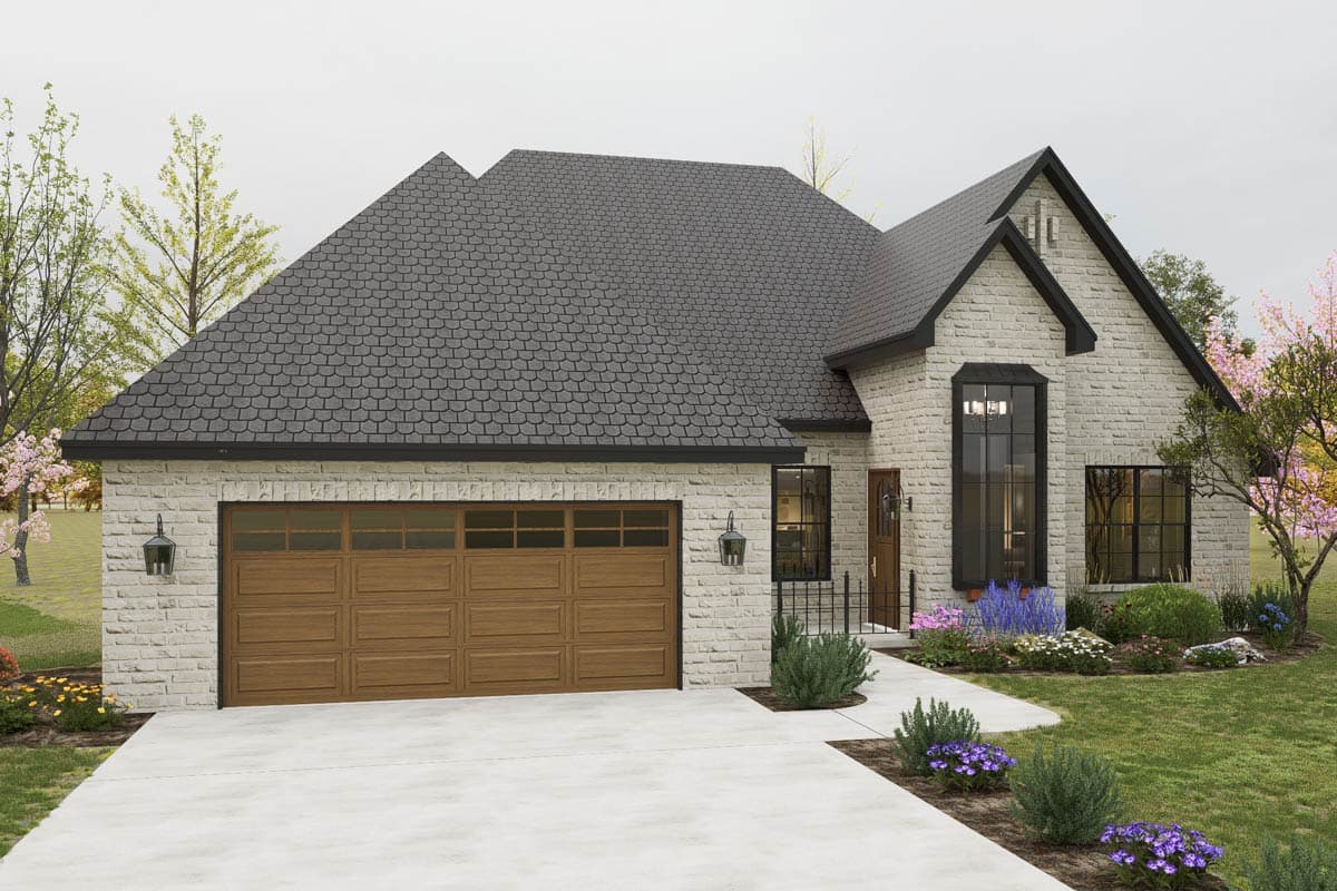House plan exterior: Two-story Modern Farmhouse with brick facade, asphalt shingle roof, and a 2-car garage.