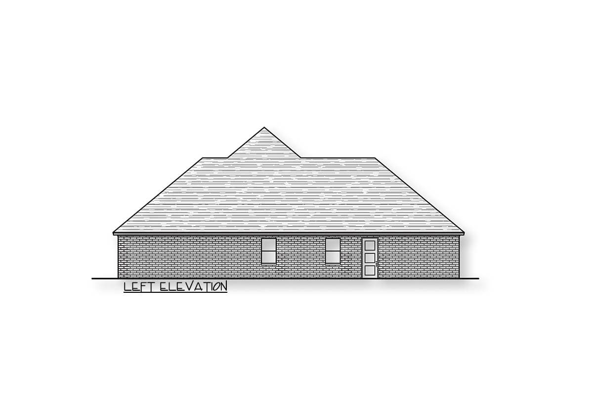 Left elevation drawing of a single-story house plan with brick exterior, hip roof, two windows, and three doors.