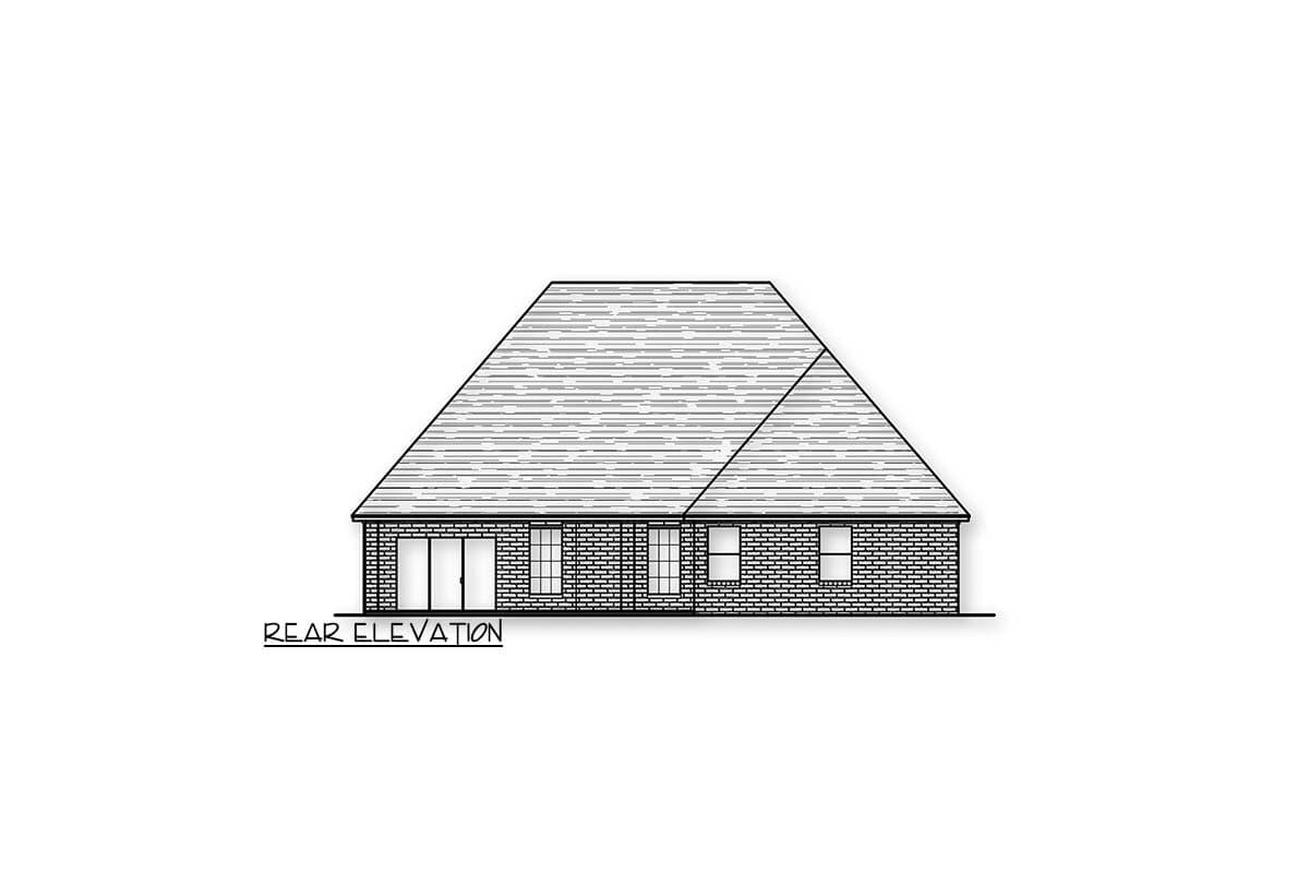 Rear elevation of a single-story house plan with a brick exterior, large roof gables, double doors, and multiple windows.