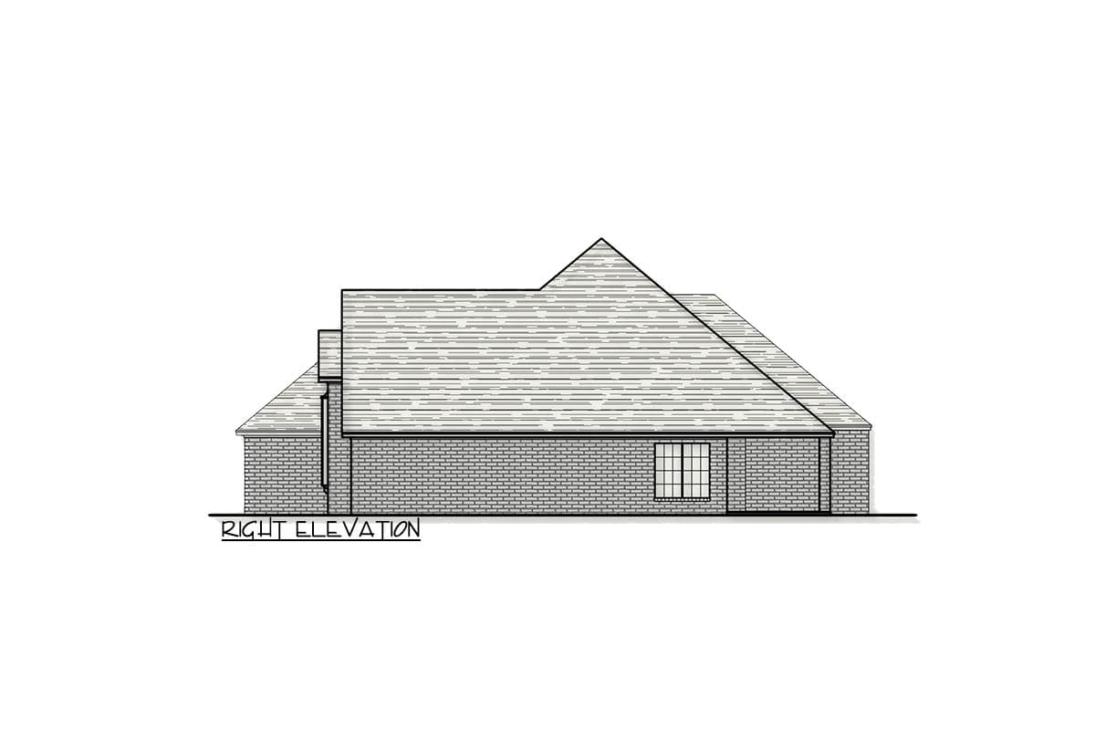 House plan right elevation drawing showing brick exterior with a hip roofline and a single window.