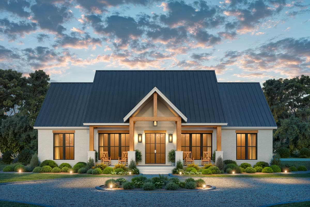 House plan exterior: Modern Farmhouse, one story, prominent gabled entryway with wood beams, metal roof, and wide windows.