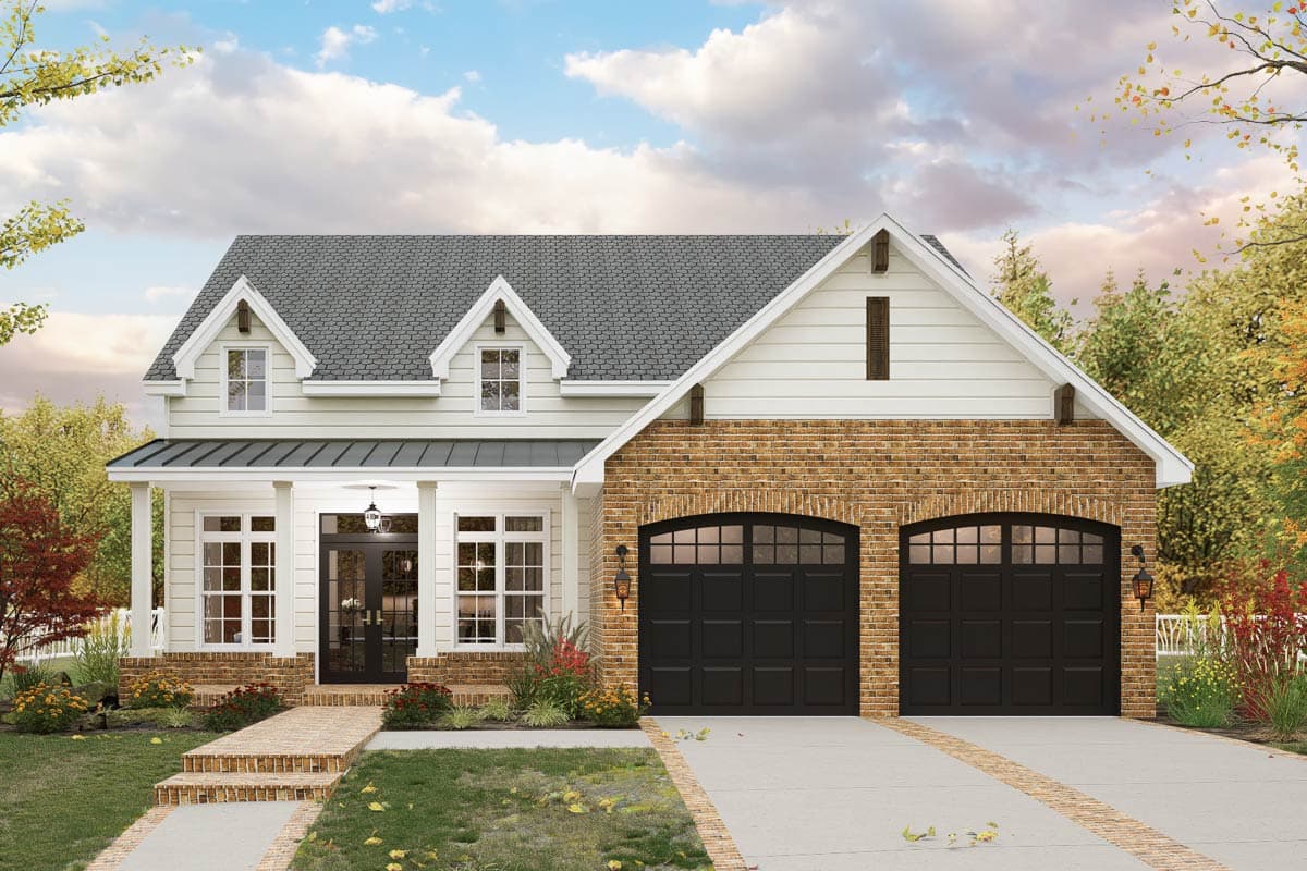 House plan exterior: Modern Farmhouse style, two stories, with double garage, gabled dormers, and brick facade.