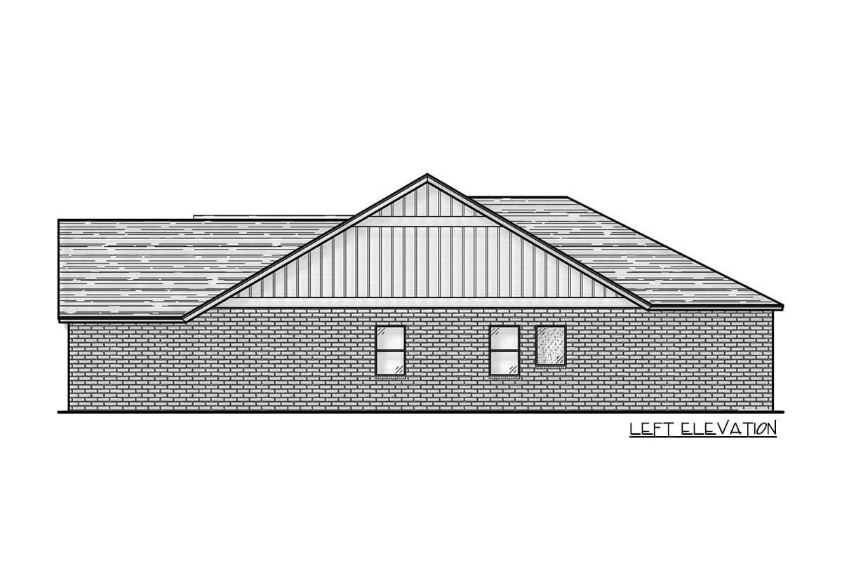 Left elevation house plan showing brick exterior, pitched roof with gable, and three windows.