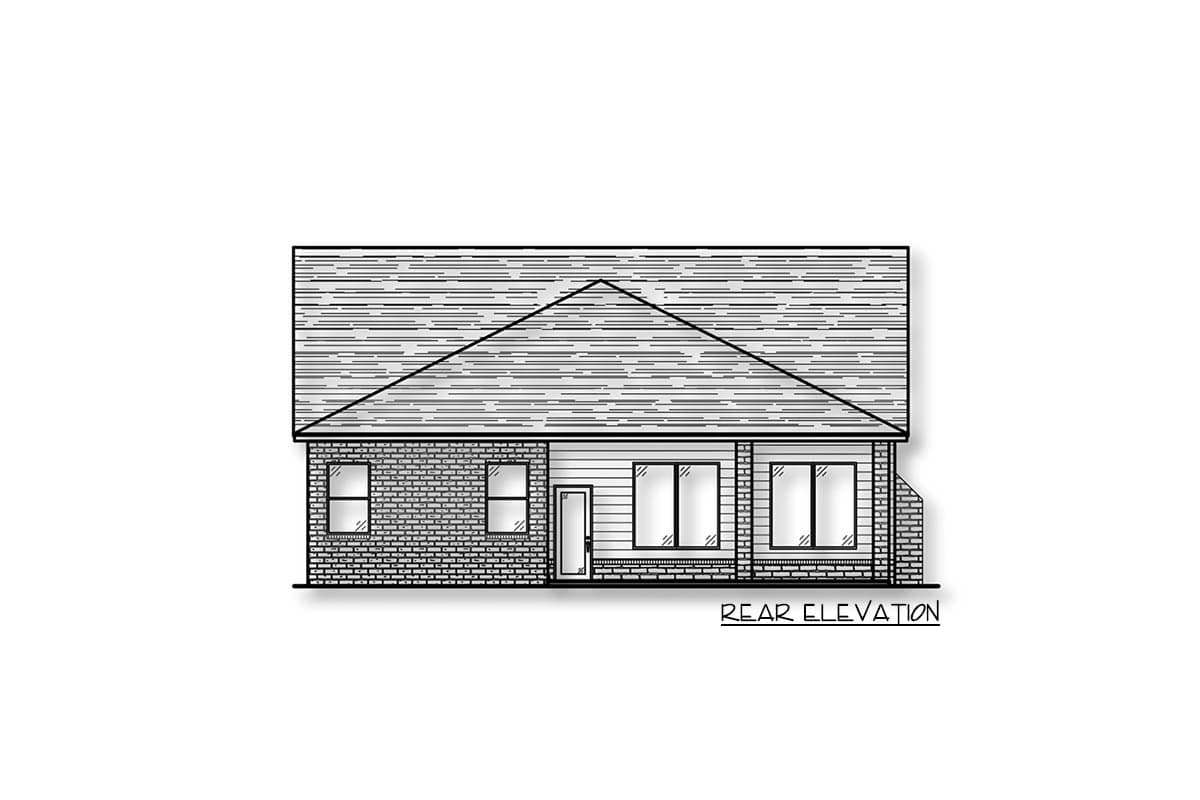 Rear elevation drawing of a one-story house plan with a gable roof, brick foundation, and multiple windows.