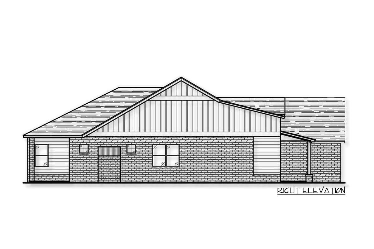 Right elevation house plan showing a single-story structure with brick and siding, multiple gables, and varied rooflines.