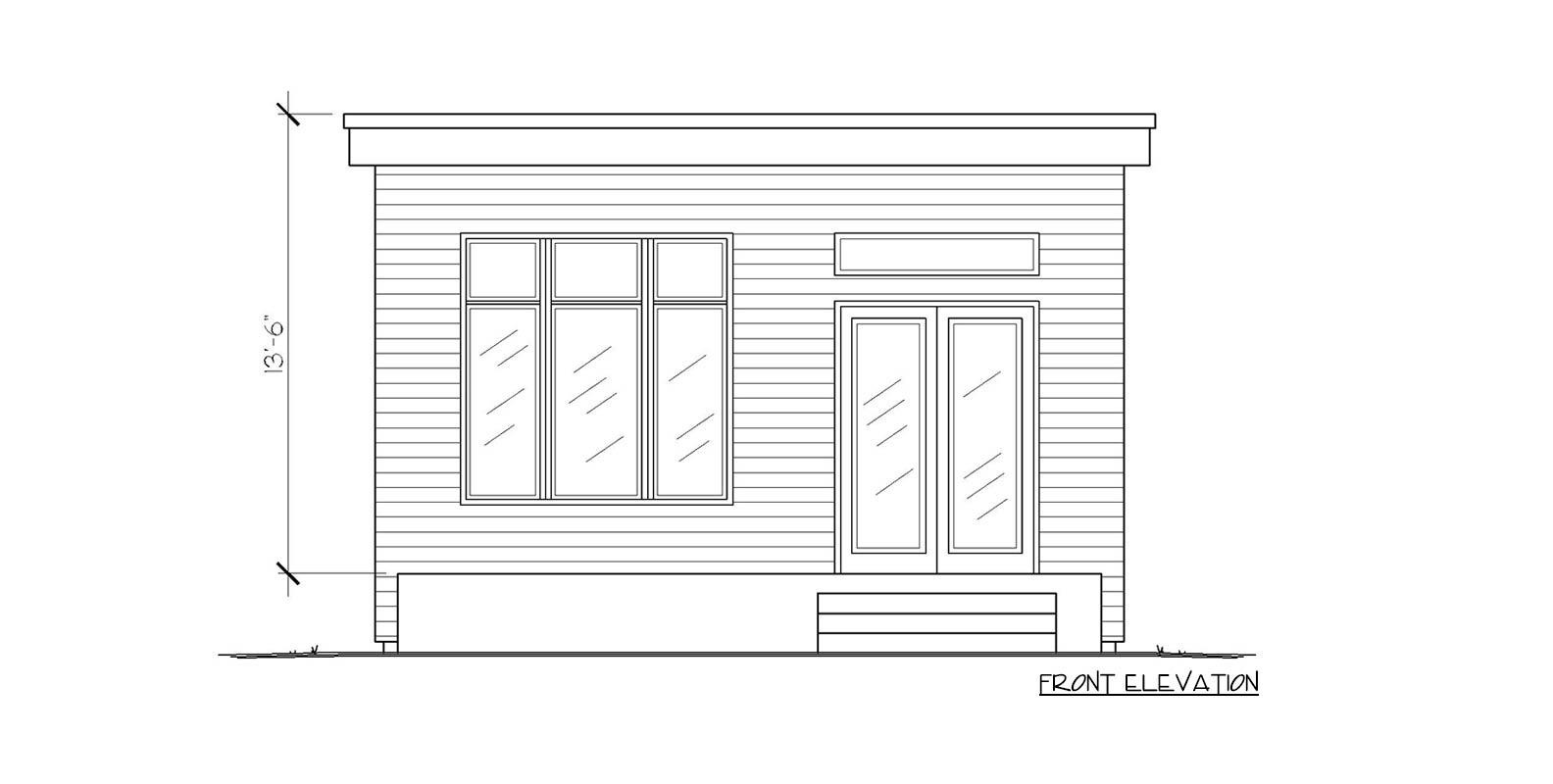 Front elevation drawing of a house with horizontal siding, a large multi-pane window, double doors, and a flat roof.