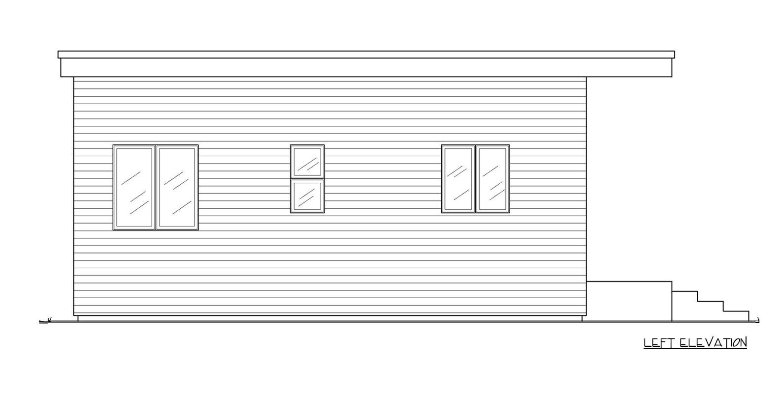 Left elevation drawing of a modern house with horizontal siding, a flat roof, and three windows. Steps lead to a side entrance.