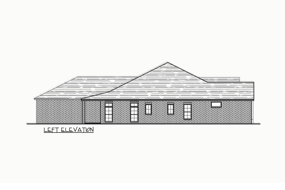 Left elevation of a single-story house plan with a brick exterior and a multi-pitched roofline.