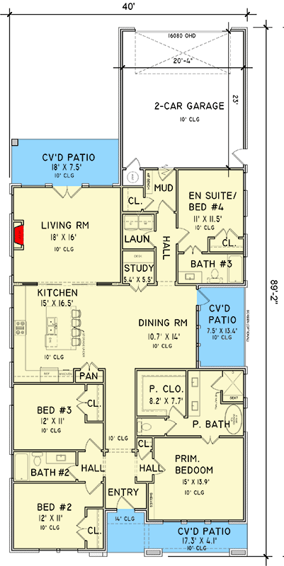 Plan 302003PSK: Brick Ranch Home Plan with 4 Bedrooms 2-Car Rear Garage and Multiple Covered Patios - Floor Plan - Main Level - Ranch, Southern, Traditional, Transitional
