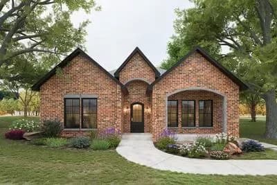 Brick Ranch Home Plan with 4 Bedrooms 2-Car Rear Garage and Multiple Covered Patios