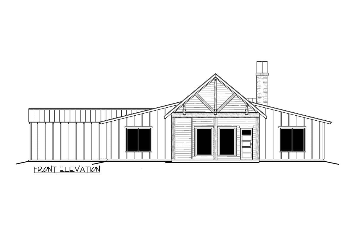 Front elevation drawing of a single-story house with gabled roof, large windows, exposed rafters, and a chimney.