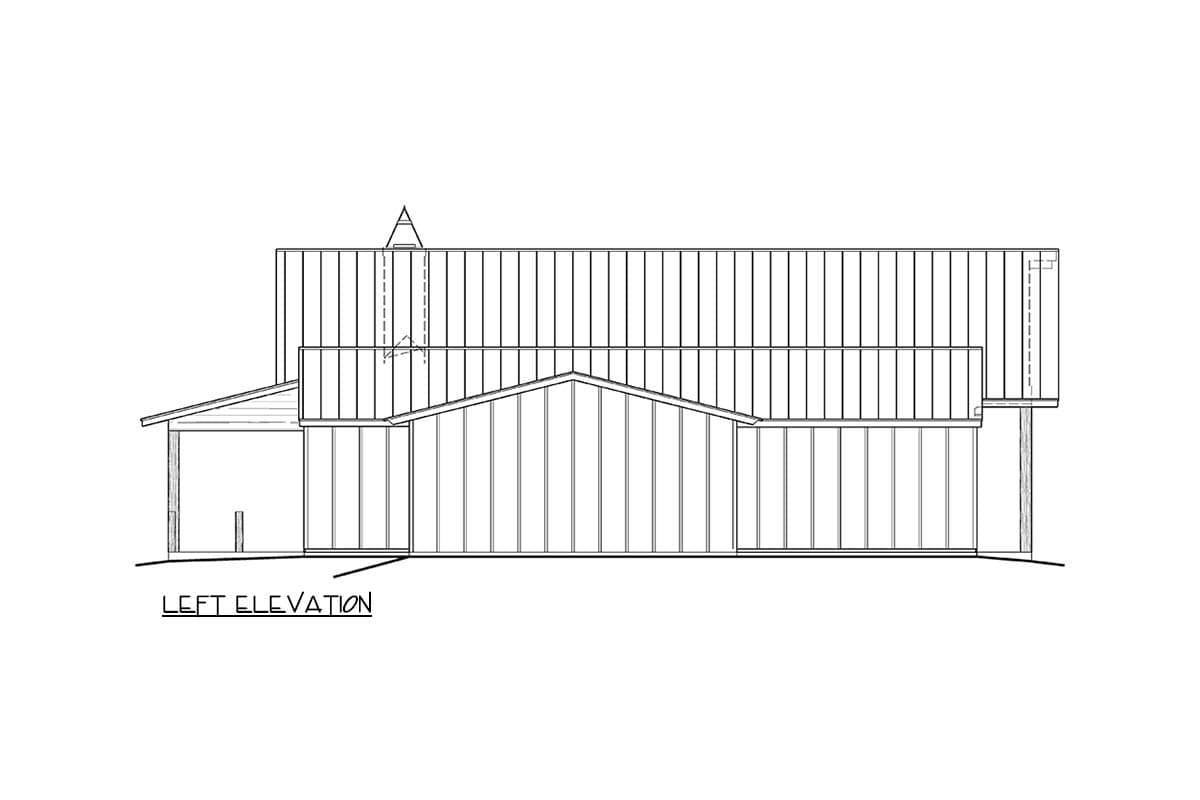 Left elevation drawing of a house plan showing a covered porch, gable roofline, and vertical siding.