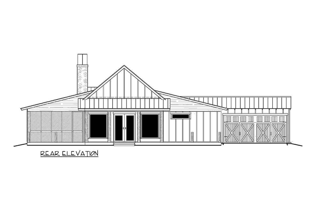 Rear elevation drawing of a ranch house plan with a screened porch, double doors, and a four-car garage.