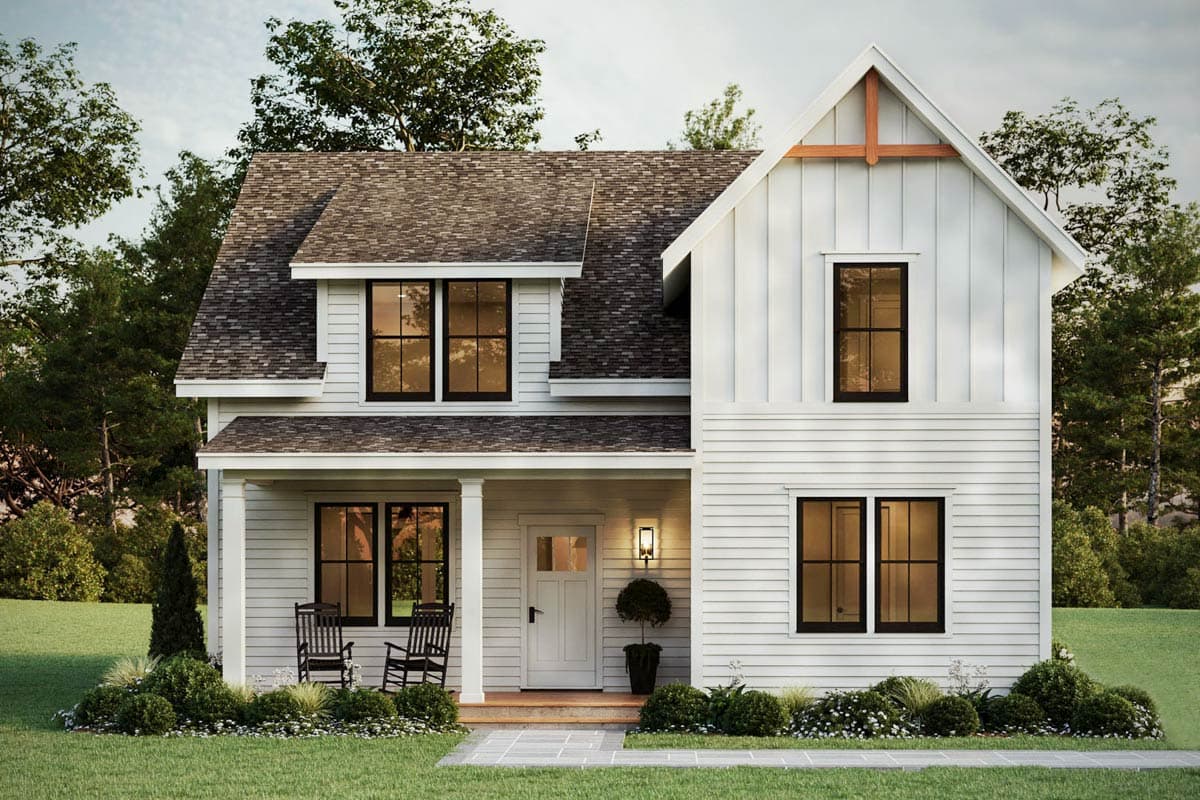 House plan exterior. Two-story Modern Farmhouse with gable roof, covered porch, and board-and-batten siding. Features include black-framed windows.