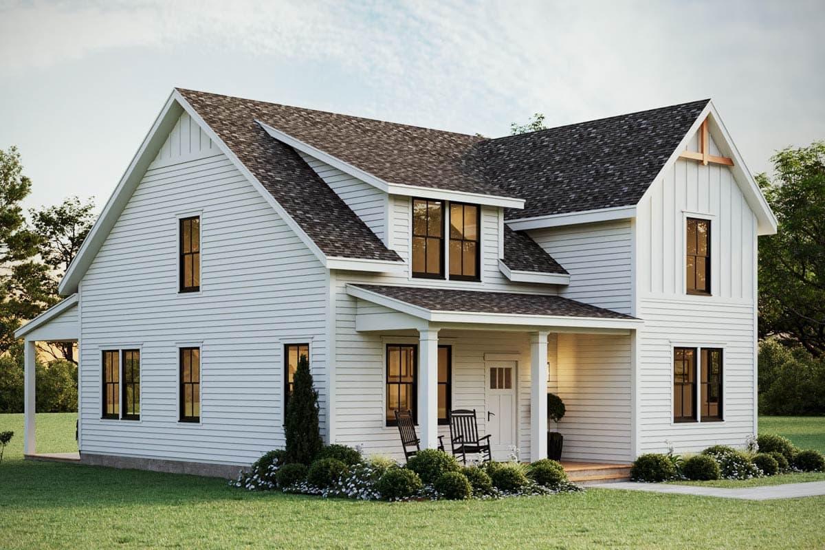 House plan exterior: Two-story Modern Farmhouse with prominent gables, a covered front porch, and board-and-batten siding.