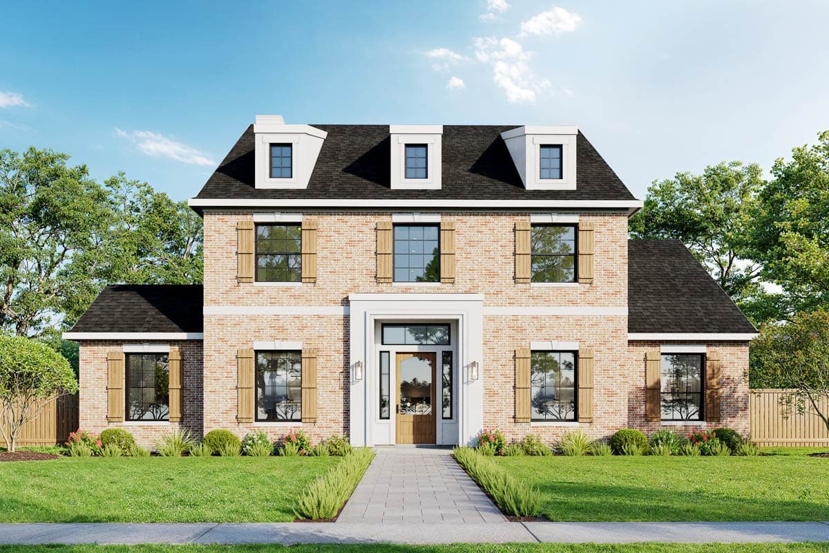 House plan exterior. Two-story Colonial-style home with brick facade, dormers, and symmetrical window placement with shutters. Entry with sidelights.
