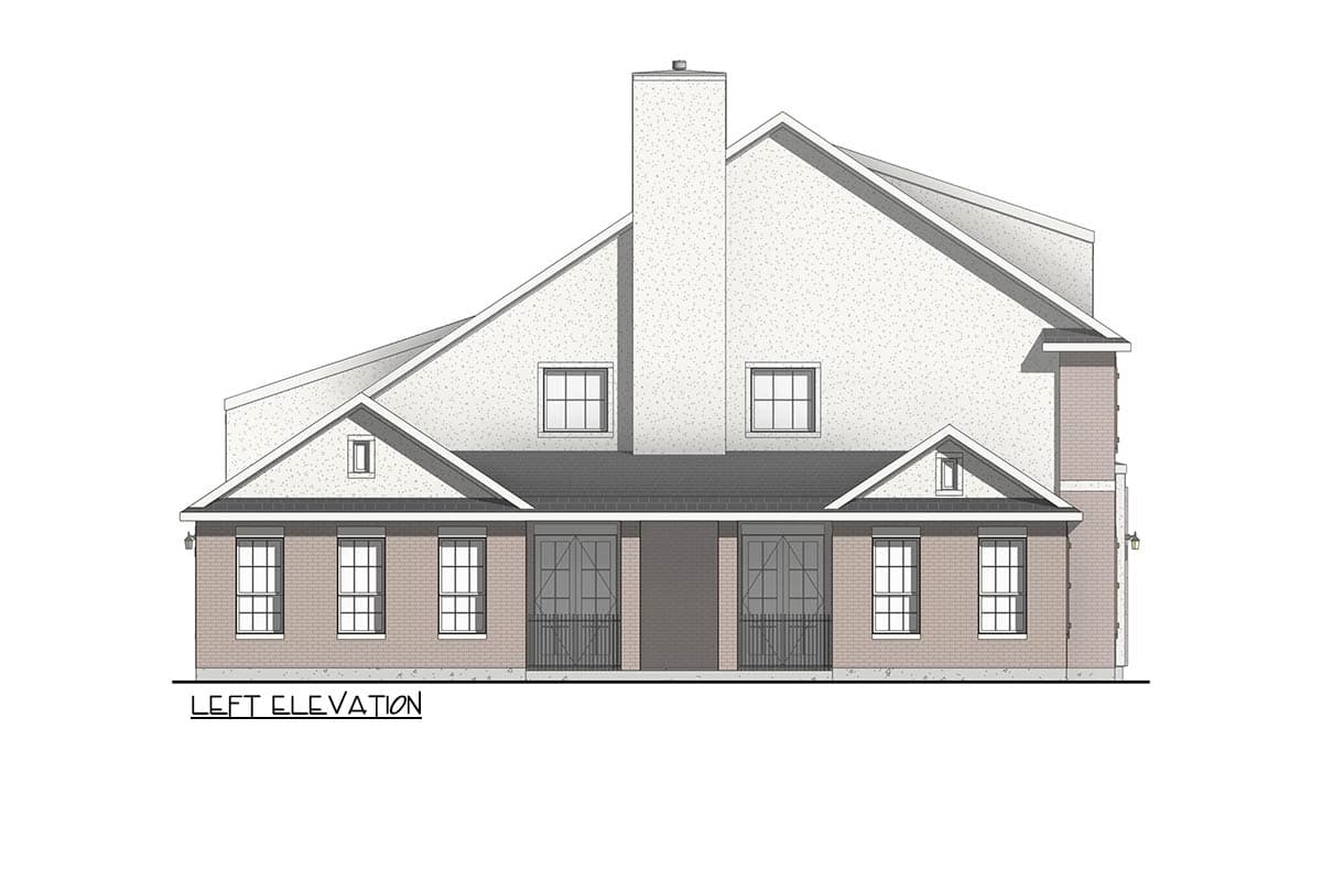Left elevation of house plan showing a two-story structure with gables, dormers, a prominent chimney, and multiple windows.