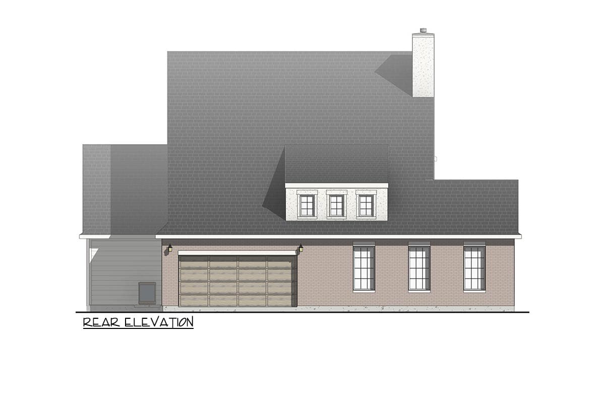 Rear elevation drawing of a house with a brick facade, attached garage, dormer with three windows, and chimney.