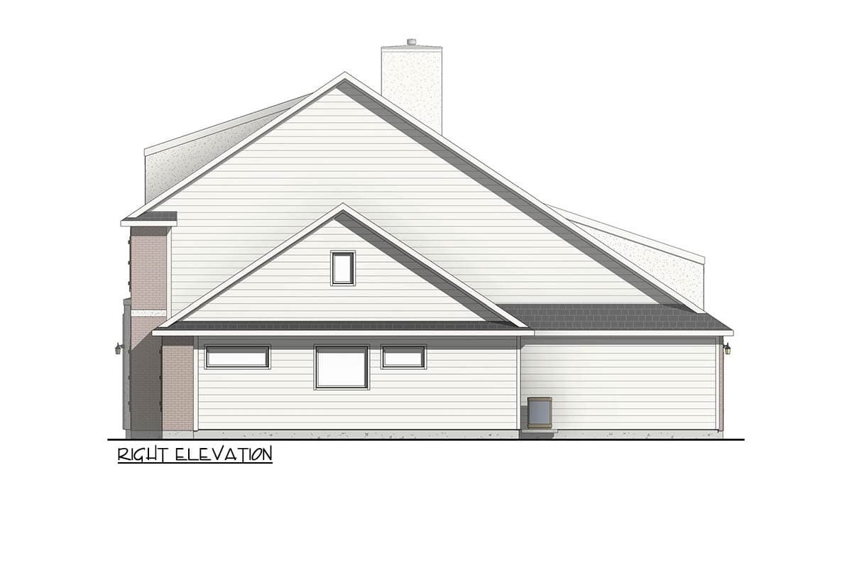 Right elevation of a house plan showing a gabled dormer, stacked windows, brick chimney, and varied rooflines.