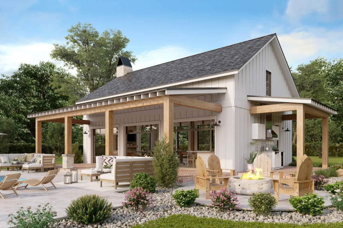 Modern Farmhouse house plan exterior with covered porch, gables, and board-and-batten siding.