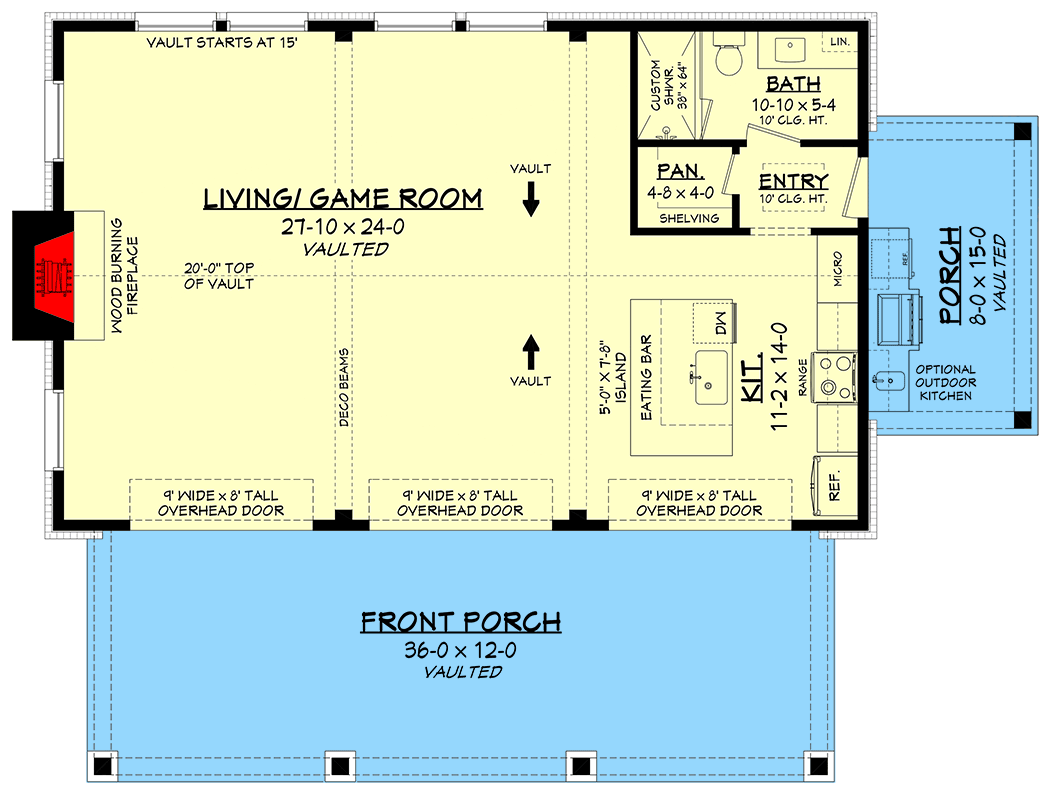 Plan 52005HZ: Pool House with Vaulted Living Room and Outdoor Kitchen - 1000 Sq Ft - Floor Plan - Main Level - Modern Farmhouse