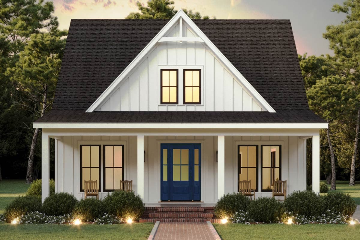 House plan exterior. Two-story Modern Farmhouse with a gabled roof, a front porch, and symmetrical window placement with a blue front door.
