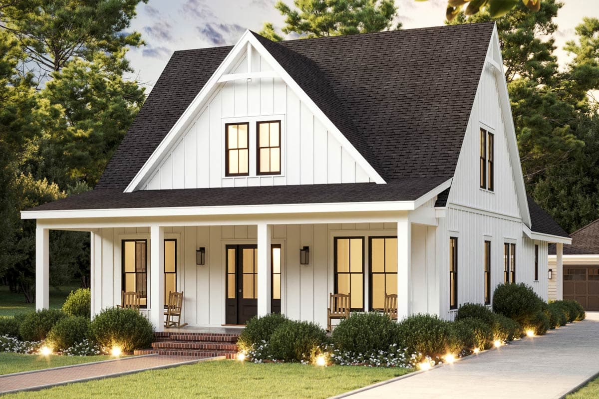 Farmhouse style house plan exterior with a full-width covered porch, gables, and board and batten siding.