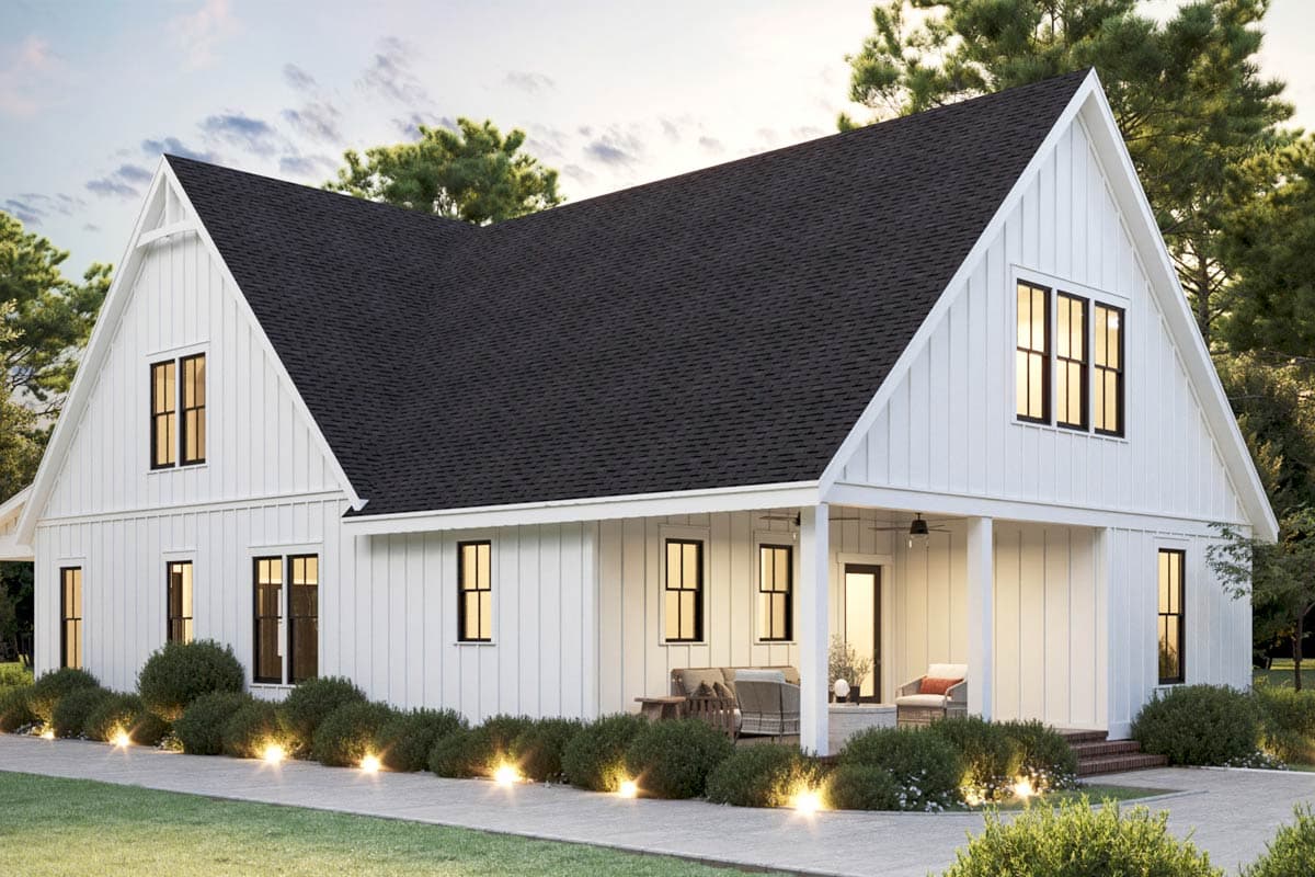 Modern Farmhouse house plan exterior, two stories, white vertical siding, dark-shingled roof, front porch.