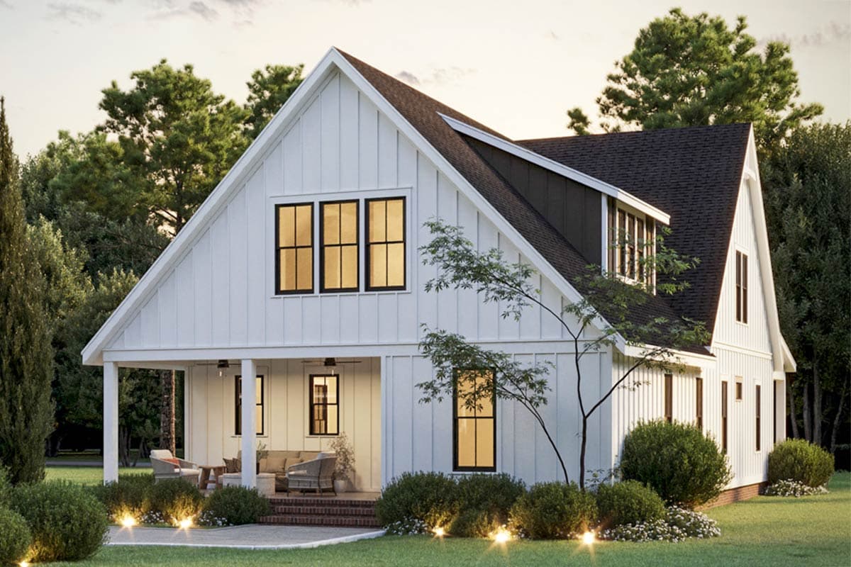 Modern farmhouse house plan exterior with a covered porch, board and batten siding, and multiple gables.
