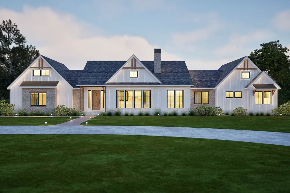 House plan exterior. Modern farmhouse style with gabled roof, board and batten siding, and stone accents. Features include dormers and a chimney.