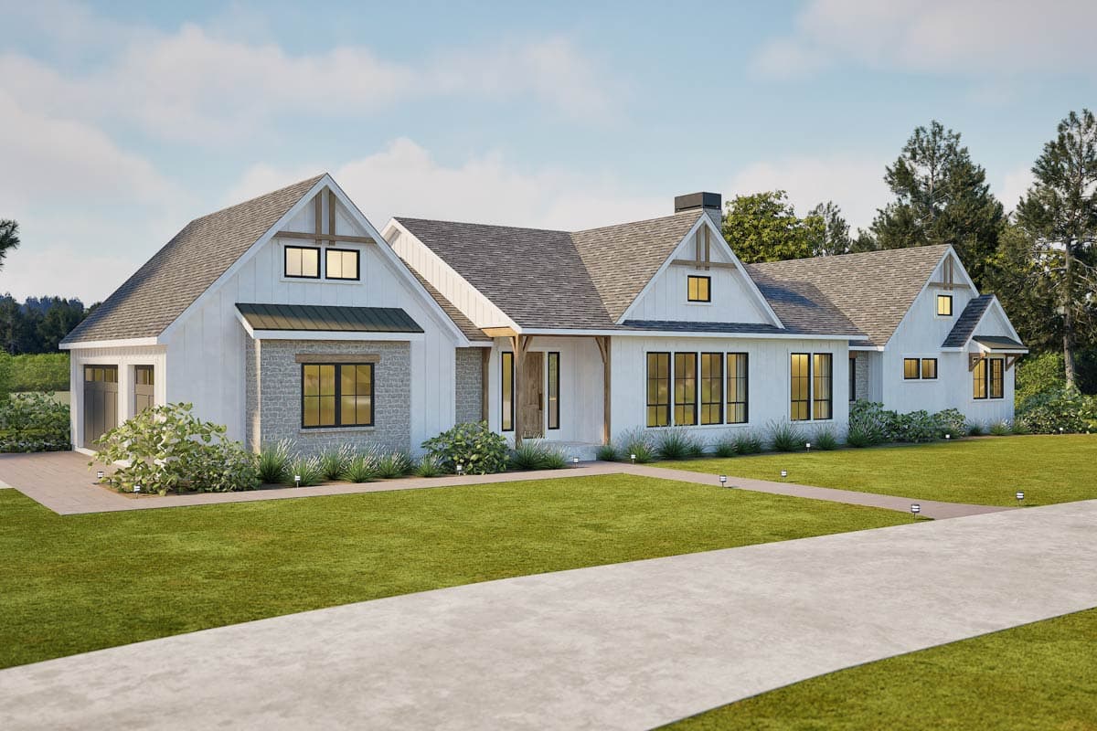 Modern Farmhouse house plan exterior with gables, stone accents, a covered entry, and a three-car garage.
