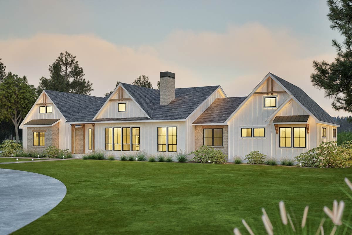 Modern Farmhouse house plan exterior with gables, dormers, and stone accents.