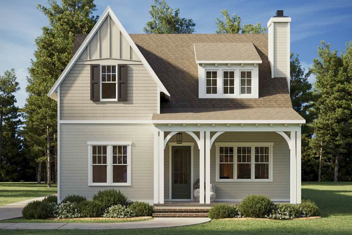 House plan exterior. Two-story Craftsman home with a front porch, gabled roof, dormers, and a chimney. Shingle siding is visible.