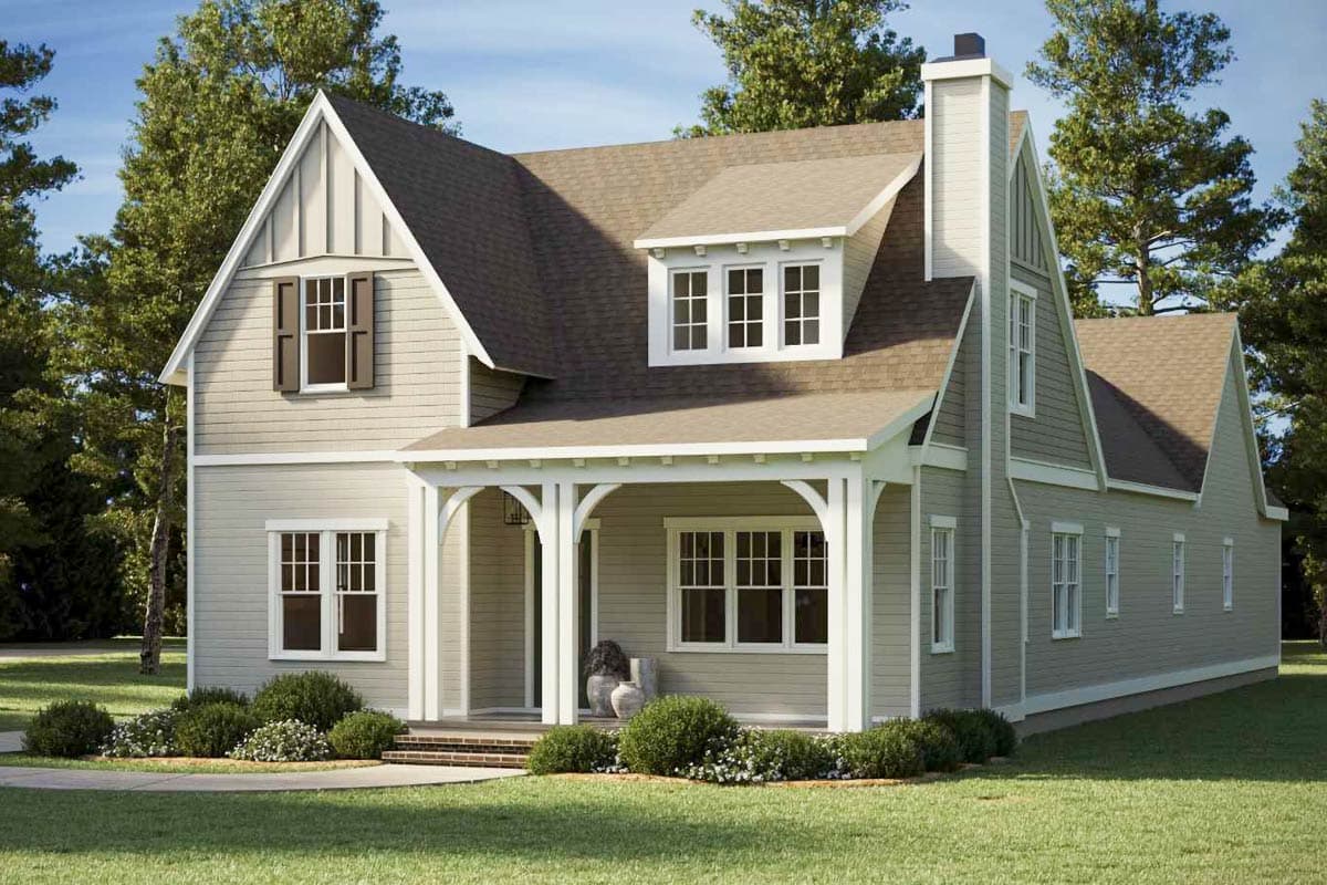 House plan exterior, two stories, gabled dormer, arched porch, and tall chimney.