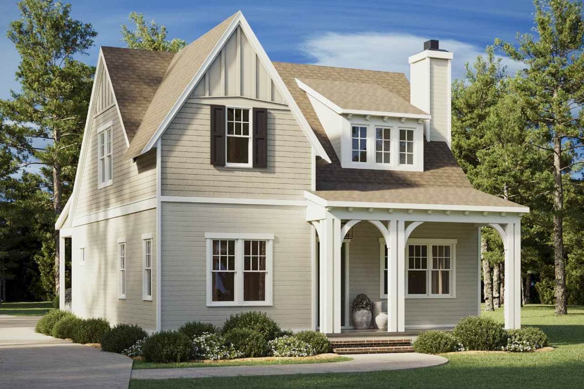 Two-story Craftsman house plan exterior with a covered porch featuring arched supports, gable dormers, and a prominent chimney.