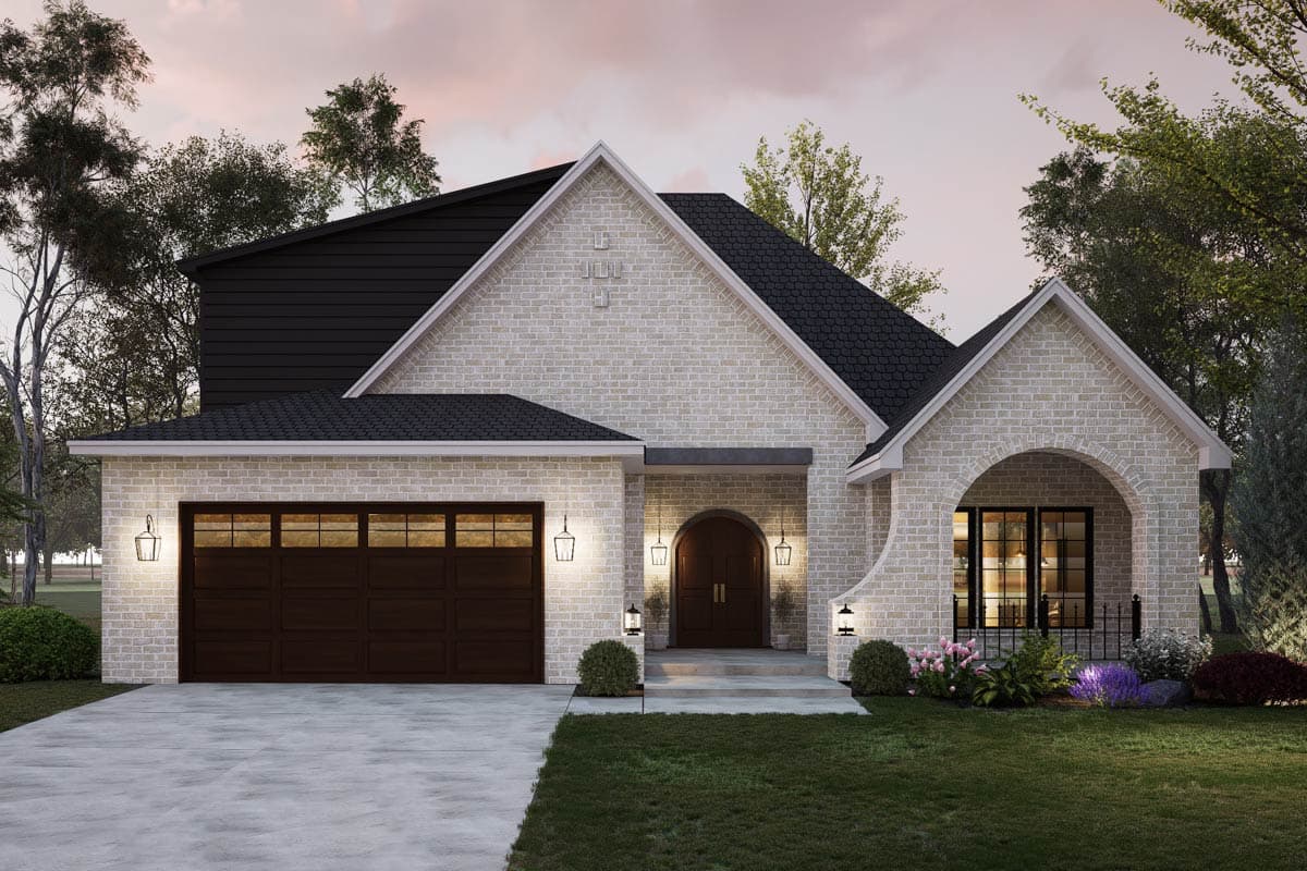 House plan exterior with brick facade, front-entry arched porch, and a gable roofline. Includes an attached garage with dark wood garage door.