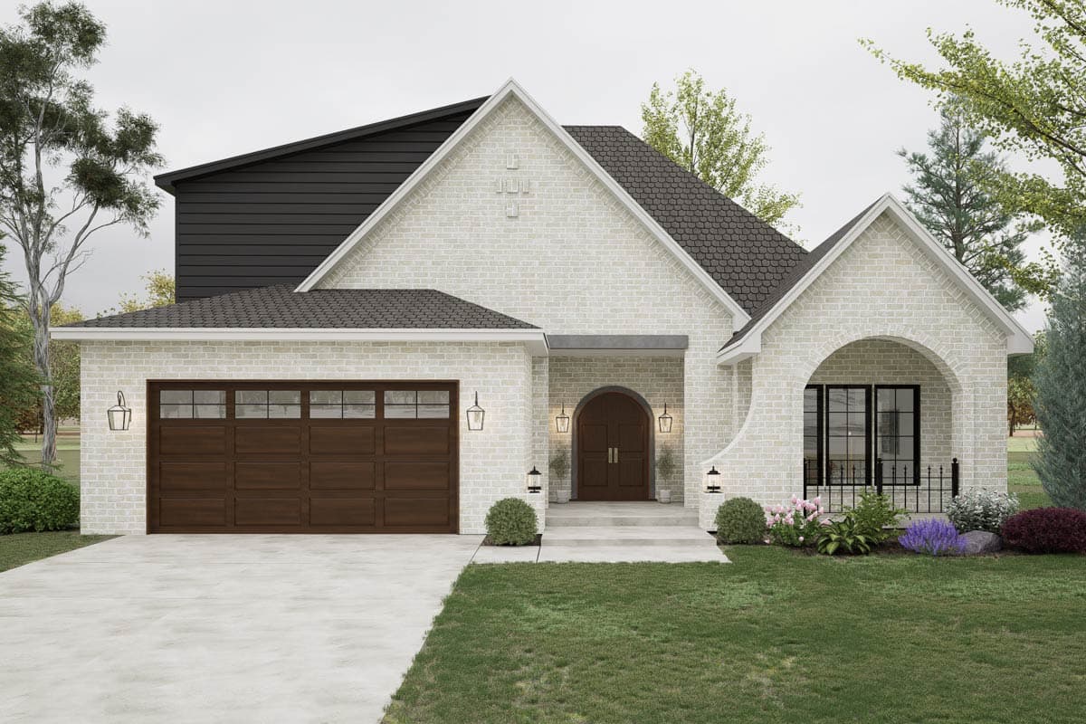 House plan exterior: One-story modern farmhouse with white brick, dark metal siding, two-car garage, arched entryway, and covered arched porch.