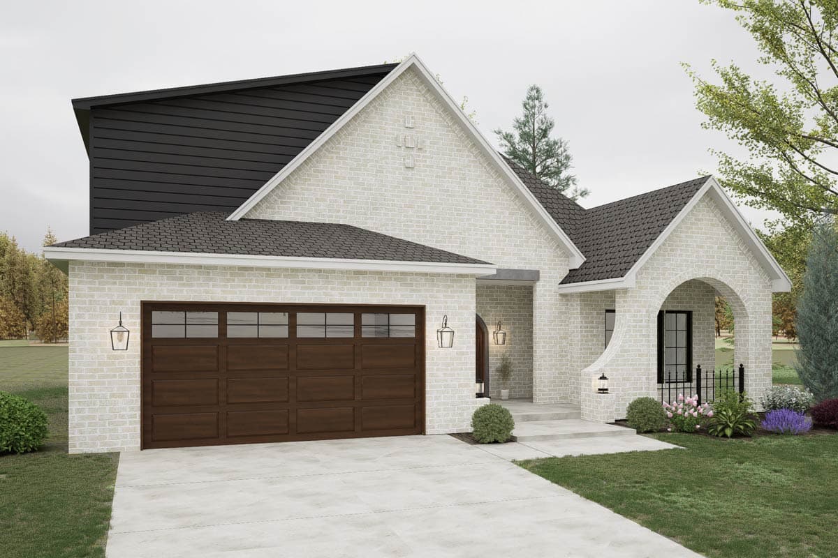 House plan exterior: White brick, two-car garage, arched entry porch, and dark modern rooflines.