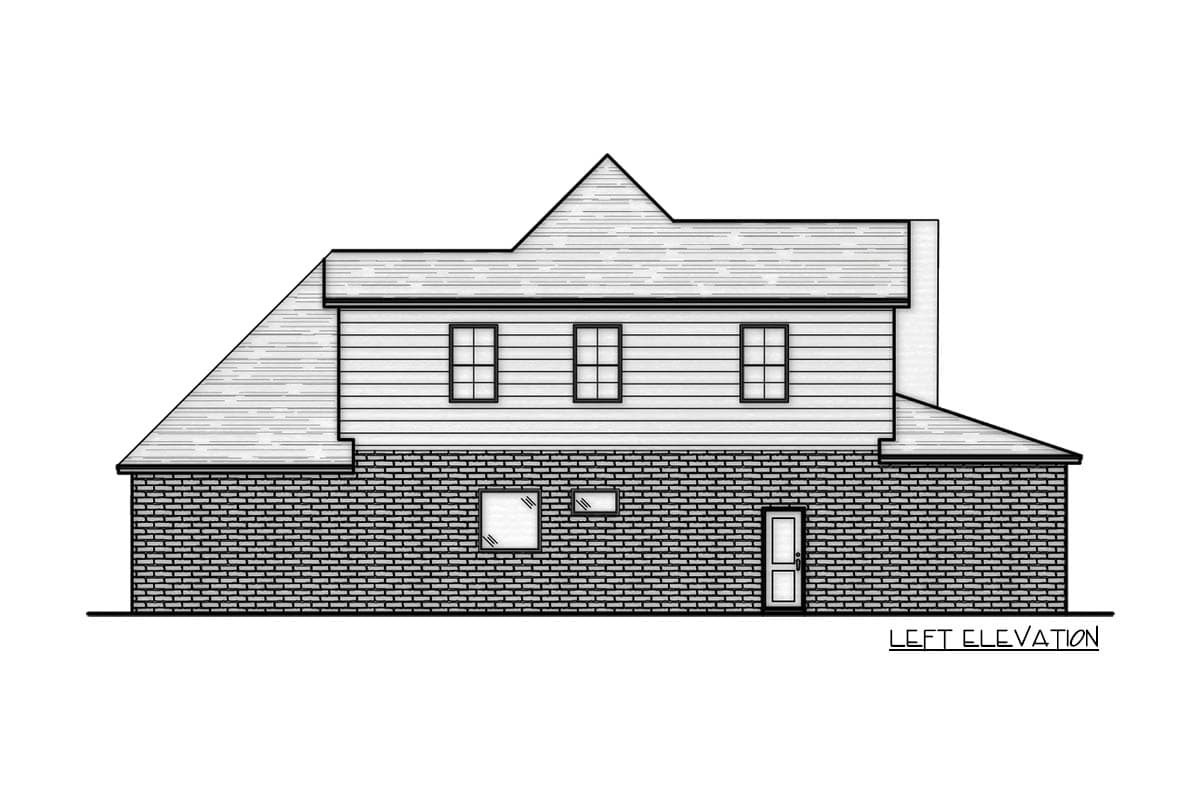 Left elevation drawing of a two-story house plan with gabled roof, brick base, siding, and multiple windows.
