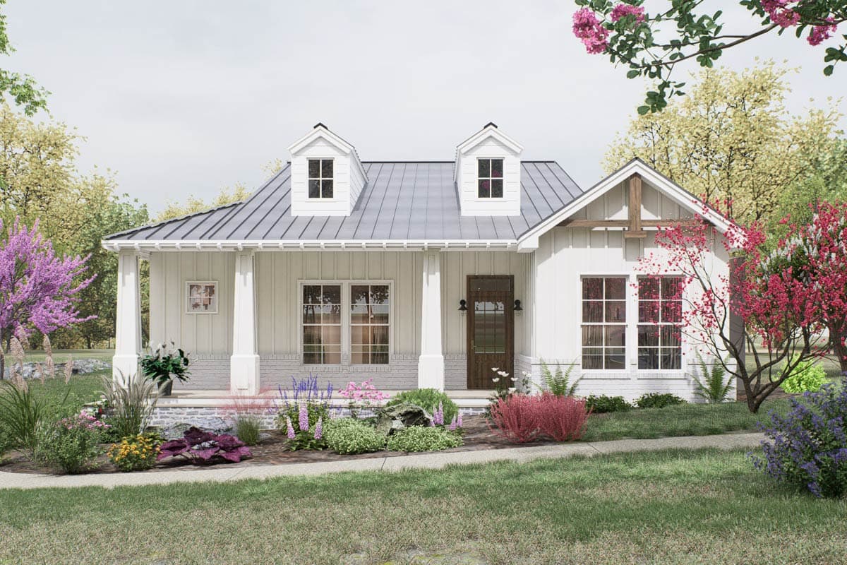 House plan exterior. One-story farmhouse with porch, two dormers, and a gabled roof. Vertical siding and brick base detail.