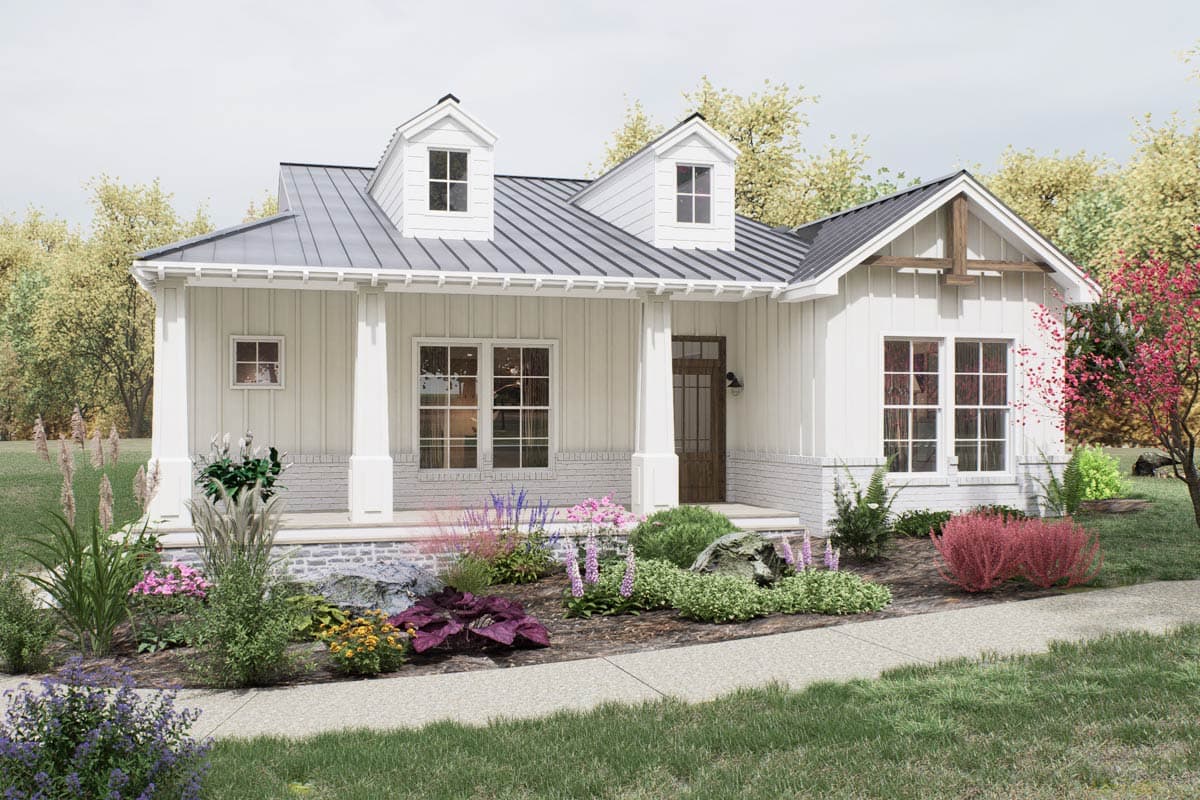 Modern farmhouse house plan exterior with metal roof, dormers, wide porch, and board and batten siding.