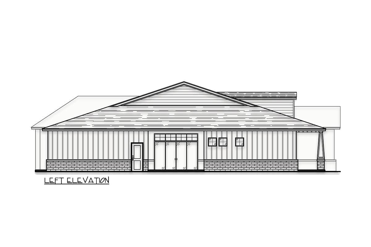 Left elevation drawing of a single-story house plan with a prominent gable roof, covered porch, and brick foundation.
