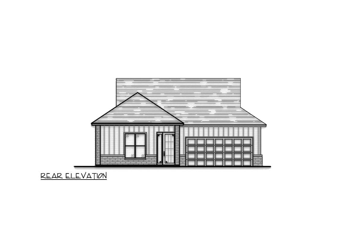 Rear elevation of a one-story house plan featuring a gabled roof, vertical siding, brick accents, a single window, and a two-car garage.