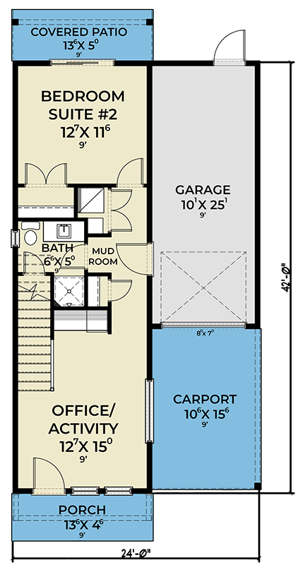 Plan 280225JWD: Two-Story 2-Bed Contemporary House Plan with Sloped Ceilings - 1387 Sq Ft - Floor Plan - Main Level - Contemporary