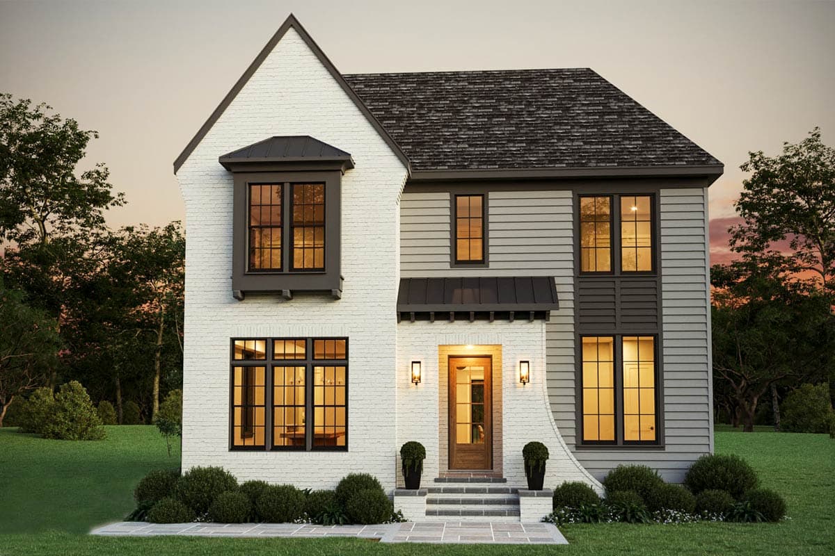 House plan exterior. Two-story home with a gabled roof, brick and siding, and multiple black-framed windows, including a bay window.