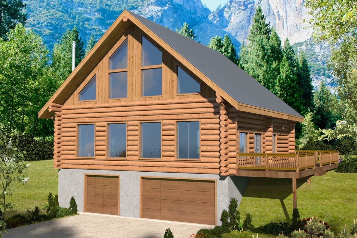 House plan exterior. Two-story log cabin with a gabled roof, triangular dormer windows, and a deck. Features a two-car garage.