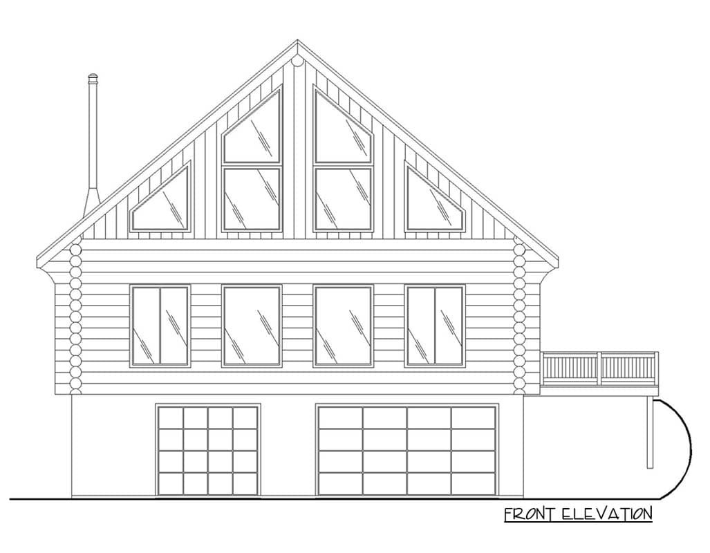 Front elevation drawing of a two-story log home with multiple gables, large windows, a deck, and a two-car garage.