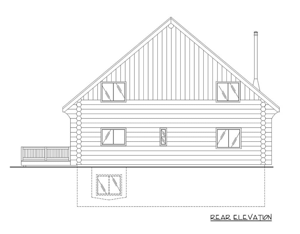 Rear elevation drawing of a log cabin style house plan, showing a deck, gabled roof, and windows.
