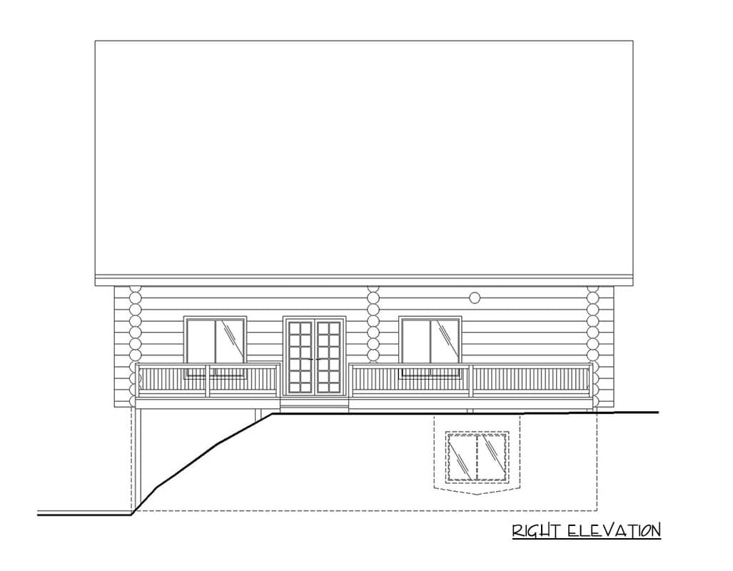 Log home right elevation drawing showing a full-length porch with double doors and two windows, and a basement window.