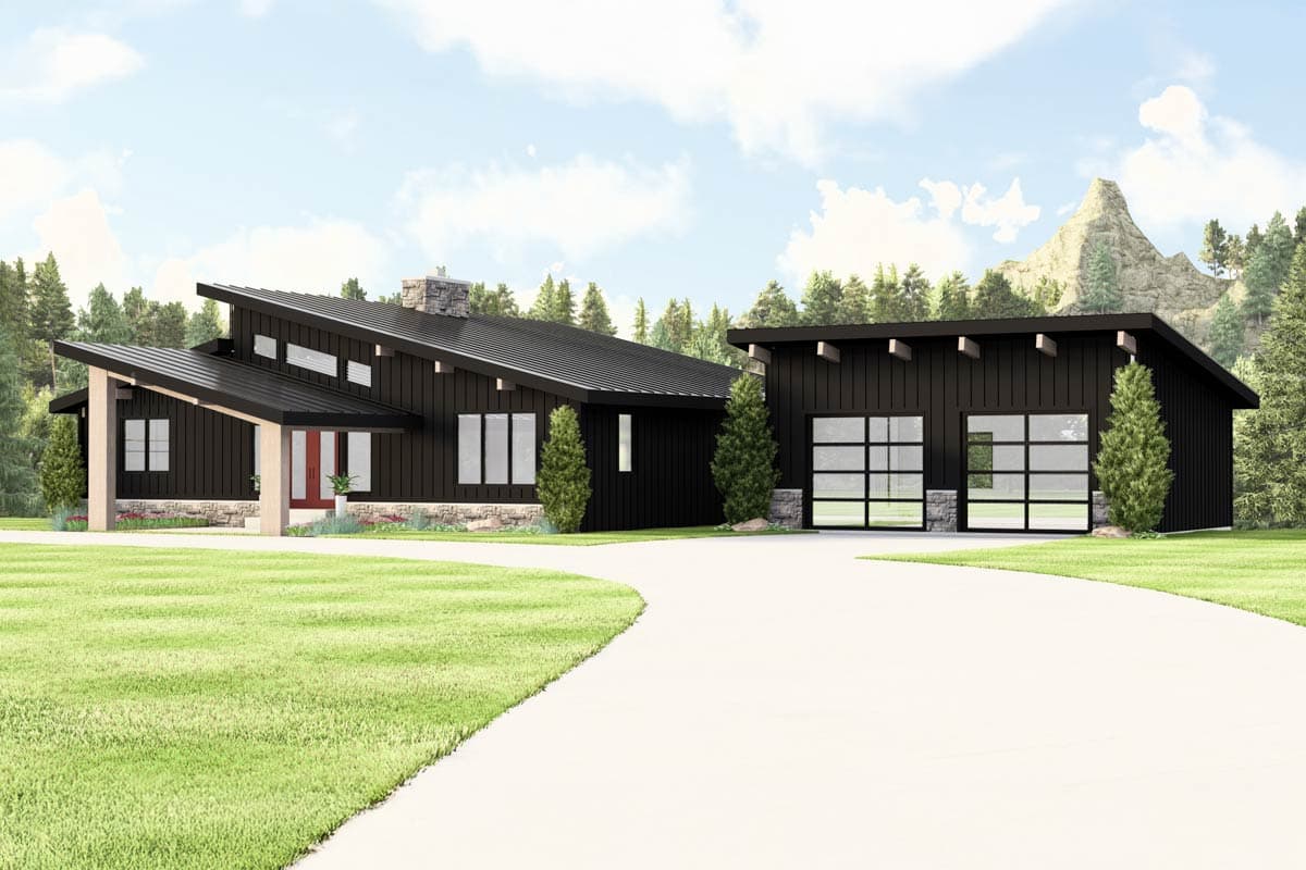Modern house plan exterior with a steeply pitched metal roof, stone base, and attached two-car garage with glass doors.
